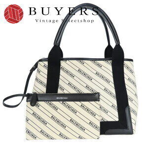 Balenciaga Navy Blue Cabas Handbag Off White Canvas Black Logo